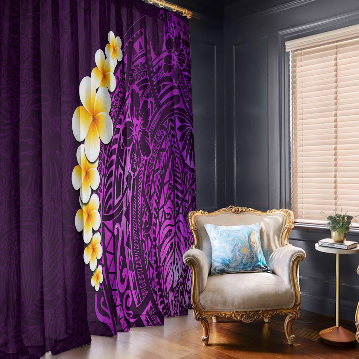 Purple window curtain pair with plumeria motifs and dark purple geometric tribal print.