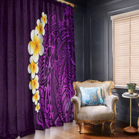 Purple window curtain pair with plumeria motifs and dark purple geometric tribal print.