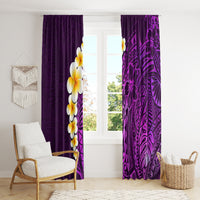 Purple window curtains with white-yellow plumeria blooms and dark purple decorative print.