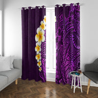 Purple window curtains with plumeria accents and dark purple galaxy-style tribal artwork.