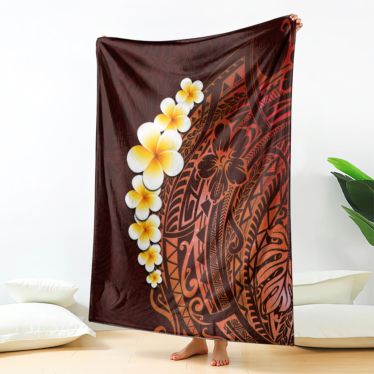 Red-brown tropical blanket with plumeria blossoms and Polynesian geometric pattern