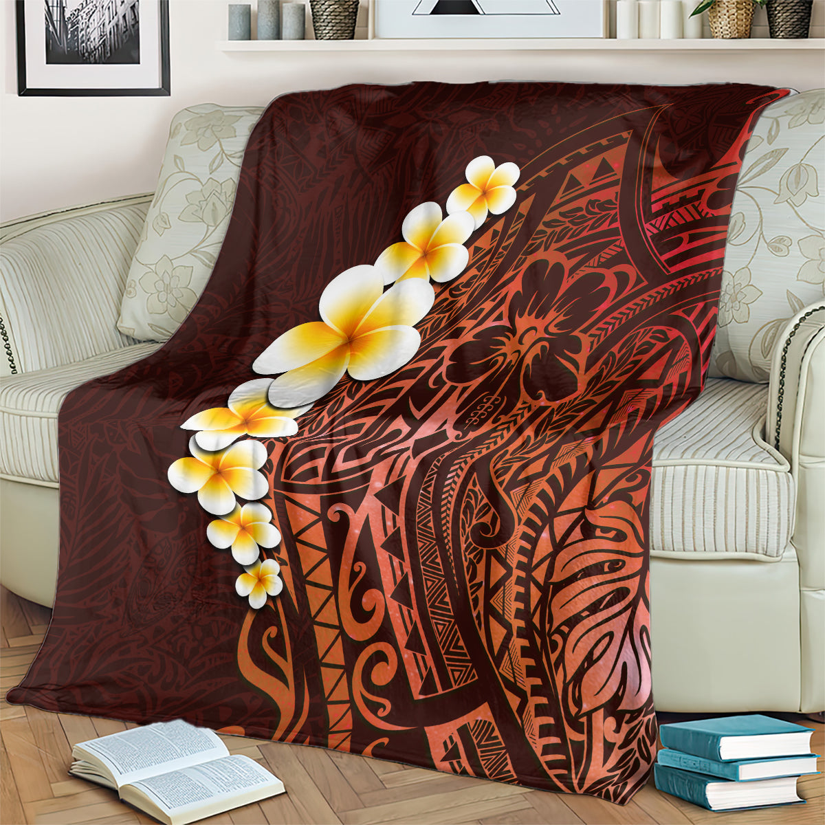Folded red-brown tropical blanket with white and yellow plumeria flowers and Polynesian art