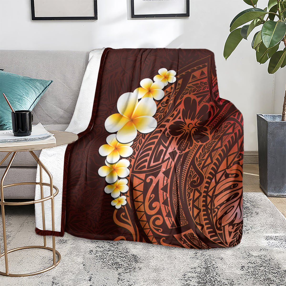 Red-brown tropical blanket with large white-yellow plumeria flowers and Polynesian design
