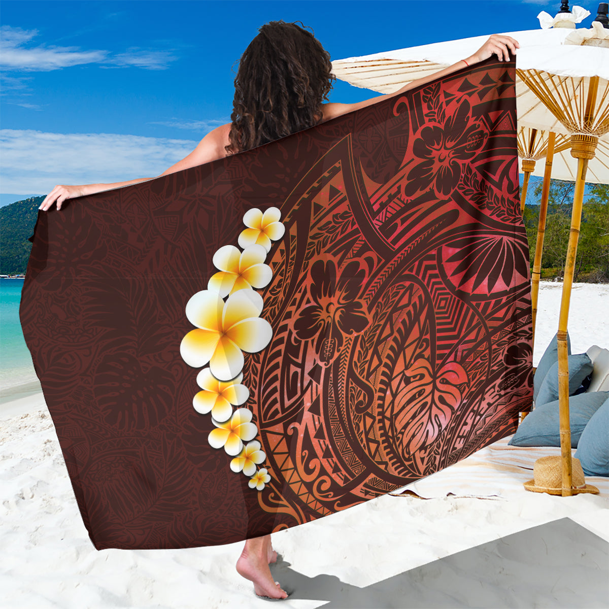 Red Tropical Plumeria With Galaxy Polynesian Art Sarong - Wonder Print Shop