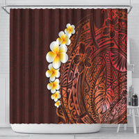 Dark red shower curtain with large plumeria cluster and bold red geometric artwork