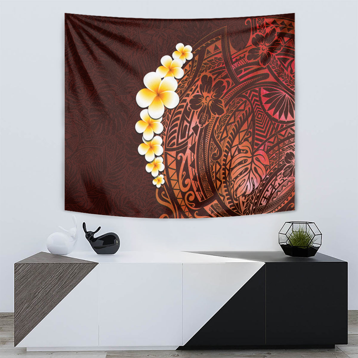 Red tapestry wall hanging featuring white plumeria flowers and intricate Polynesian motifs
