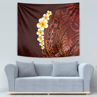 Red tapestry wall hanging with white plumeria flowers and detailed Polynesian tribal design