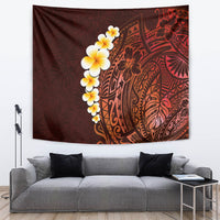 Red tapestry wall hanging with white plumeria blossoms and ornate Polynesian pattern