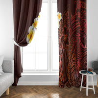 Plumeria window curtains with red Polynesian design, dark brown fabric and flower print