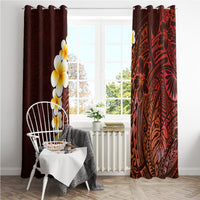 Plumeria and Polynesian art window curtains with dark brown fabric and red ornamental motifs