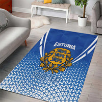 Blue Estonia football area rug laid on light floors with large crest and title