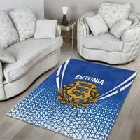 Blue Estonia football area rug with crest and white diagonal stripes on light wood