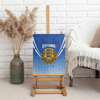 Blue canvas wall art on wooden easel with Estonia title and gold coat of arms crest