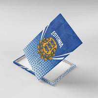 Blue canvas wall art in angled view with Estonia text and coat of arms crest