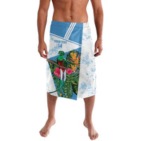 White and blue tropical printed shorts with wide elastic waistband