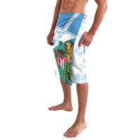 White and blue tropical graphic printed shorts with elastic waistband and side panel