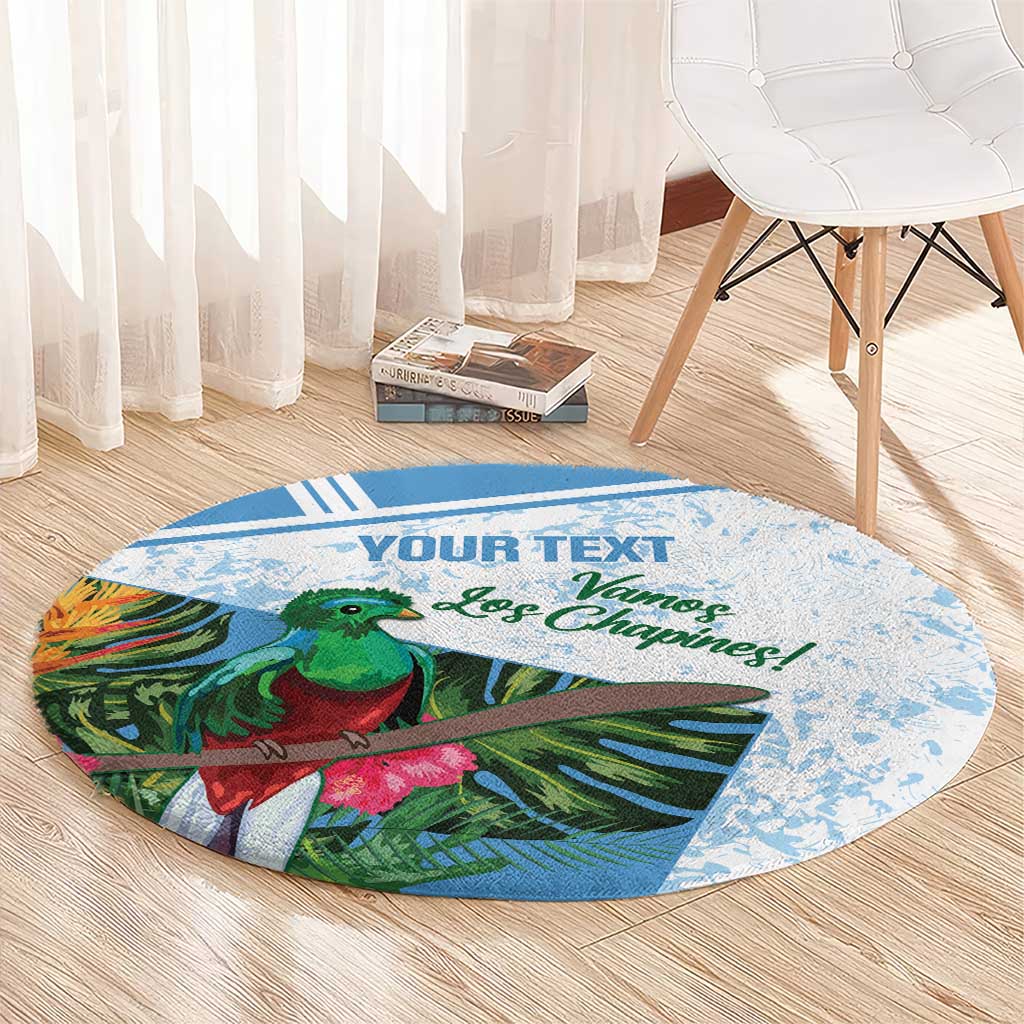 Round blue rug with green bird and tropical leaf print, custom text in center