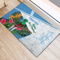Custom football rubber doormat featuring 'YOUR TEXT' over blue-and-white bird artwork