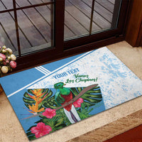 Custom football rubber doormat with 'Vamos Los Chapines!' and green bird on blue