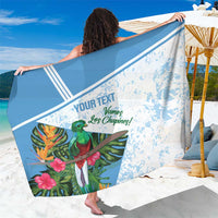 White custom football sarong with blue stripe, tropical parrot, and custom text panel