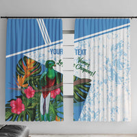 Blue and white window curtain with printed bird, flowers, and custom text design.