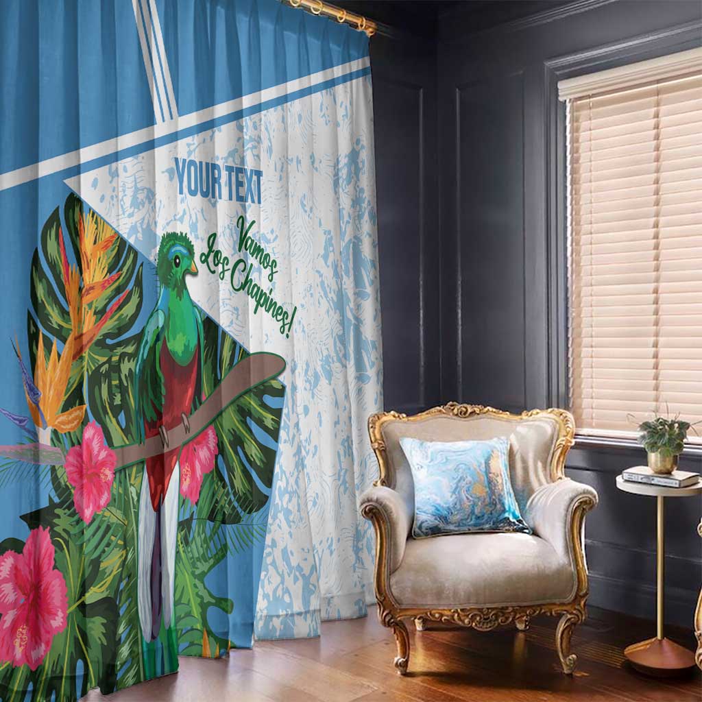 Blue and white printed window curtain panel with bird-and-flower artwork and custom text.