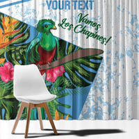 Blue and white window curtain with diagonal stripe, bird illustration, and custom text.