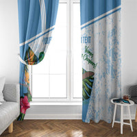 Blue and white window curtain with bird and flowers print, custom text on sheer fabric.