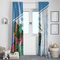 Blue and white window curtain set with printed bird, flowers, diagonal stripe, and text.