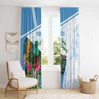 Blue and white window curtain panels with bird and floral print and diagonal custom text.