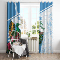Blue and white window curtain hanging on rod with printed bird, flowers, and custom text.