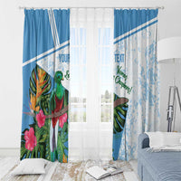 Blue and white window curtain panels with printed bird, flowers, and custom text design.