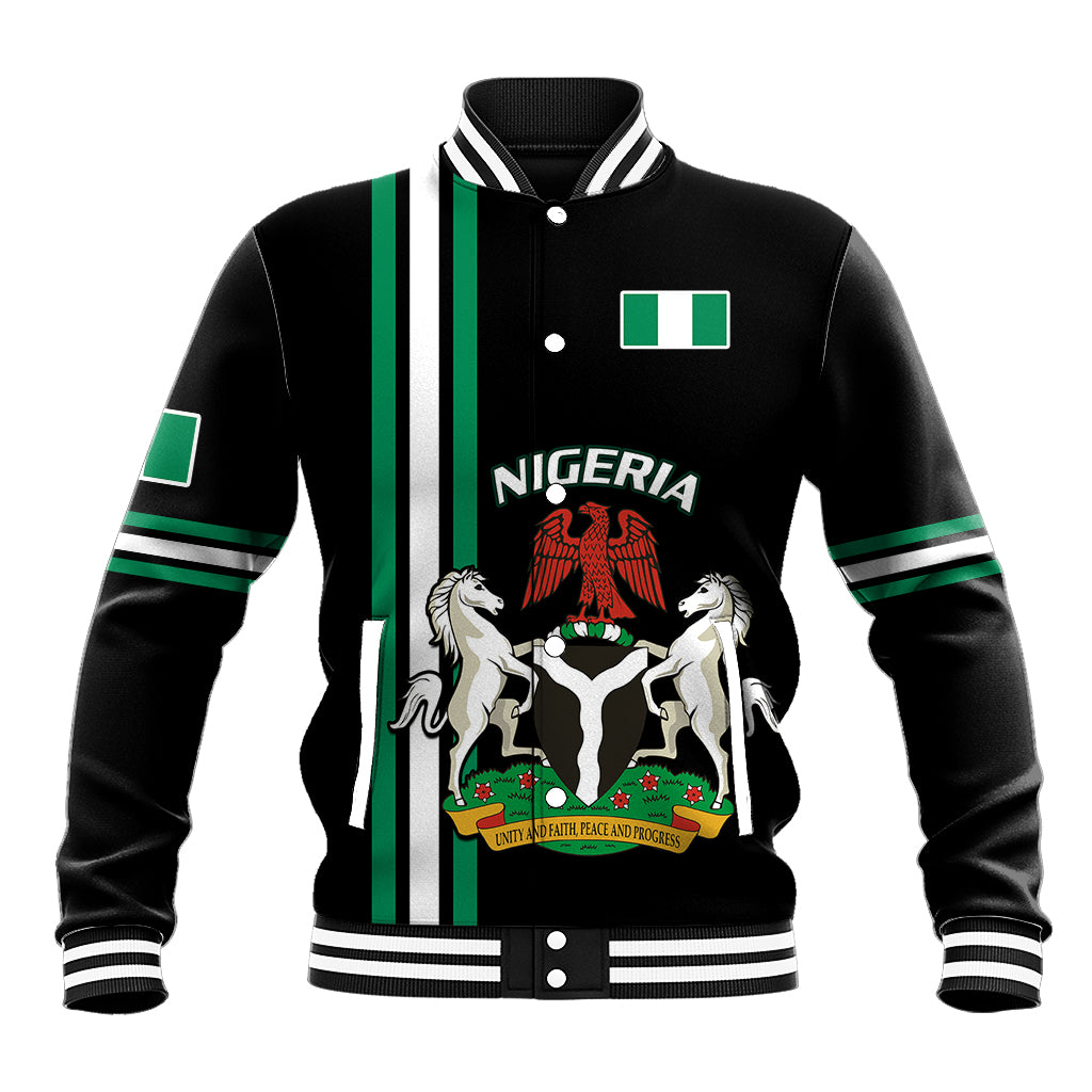Black varsity baseball jacket with green-and-white vertical stripes and Nigeria crest
