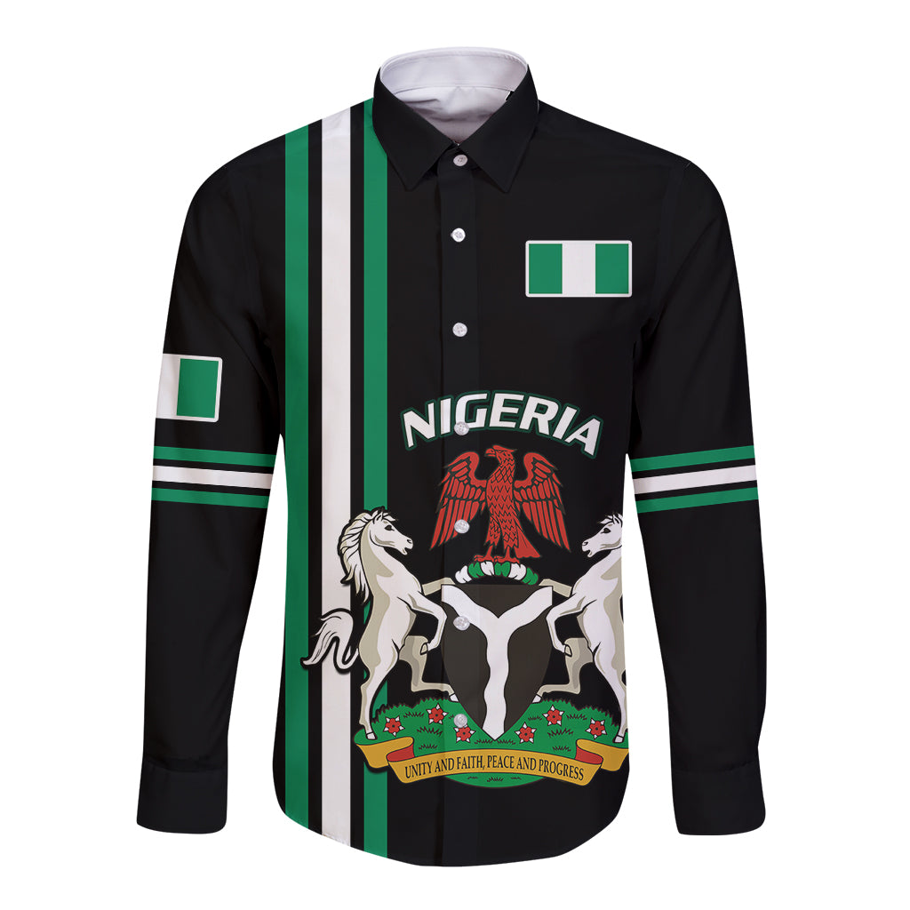 Black long sleeve button shirt with Nigeria crest graphic and green stripe panels