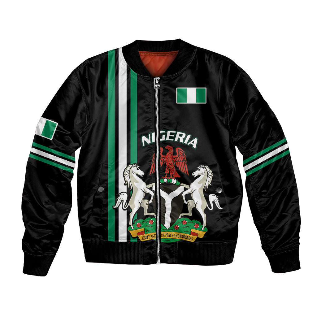 Black bomber jacket with green-white stripe and Nigeria coat of arms front print