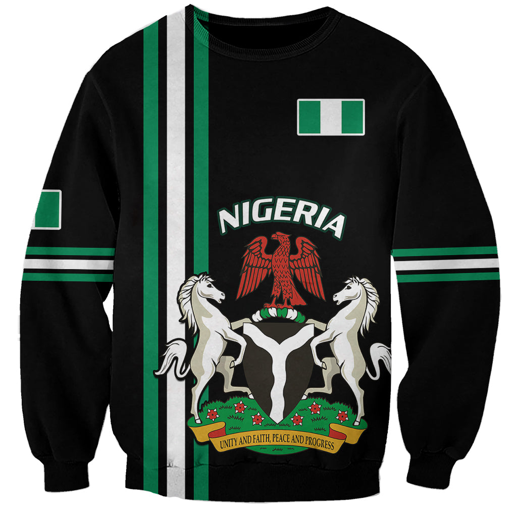 Black crewneck sweatshirt with Nigeria crest, horses, and flag stripe detail on front