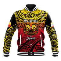 Black baseball jacket with red-yellow tiki face and 'Marquesas Islands' text; striped rib trim