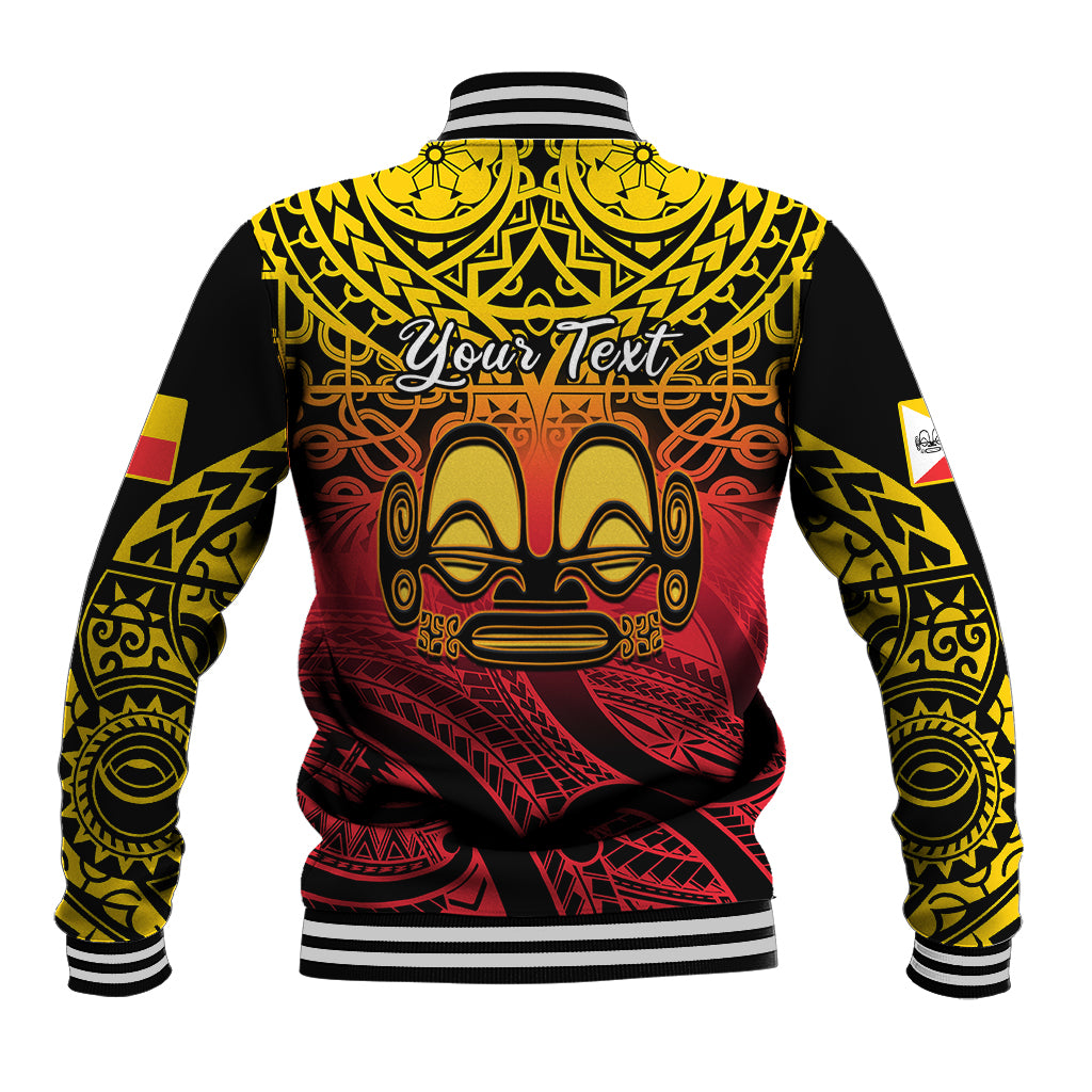 Black baseball jacket with red-yellow tiki face and 'Your Text' on back; striped rib trim