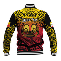 Black baseball jacket with red-yellow tiki face and 'Your Text' on back; striped rib trim
