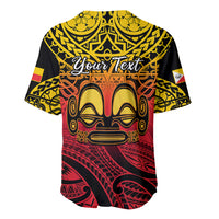 Black baseball jersey with yellow tiki face, red Polynesian pattern, 'Your Text' print