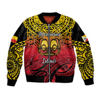 Black bomber jacket with Polynesian tiki face graphic, ribbed collar and front zipper