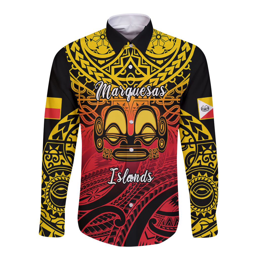 Black long-sleeve button shirt with bold yellow and red tiki mask print