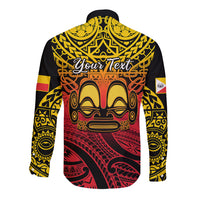 Black long-sleeve button shirt with yellow/red tiki mask and "Your Text"