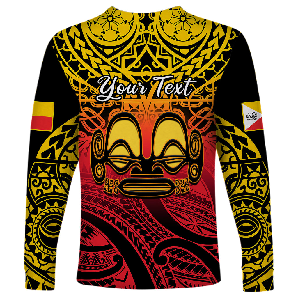Black long sleeve shirt with tiki mask and 'Your Text' front print