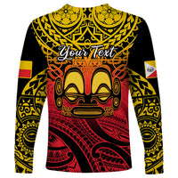 Black long sleeve shirt with tiki mask and 'Your Text' front print