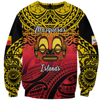 Unisex black sweatshirt with colorful tiki face and Marquesas Islands lettering