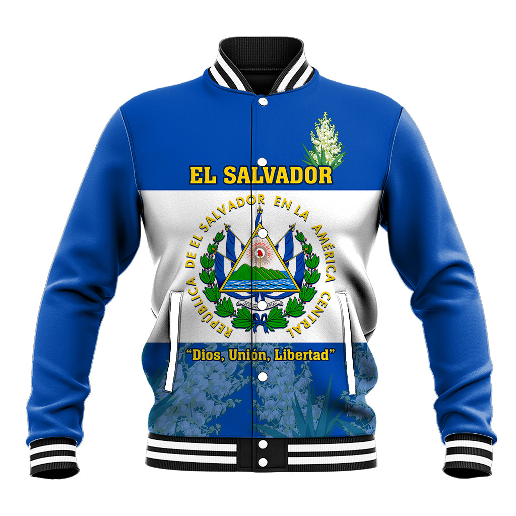 Unisex blue baseball jacket with white graphic front, striped ribbed collar and cuffs