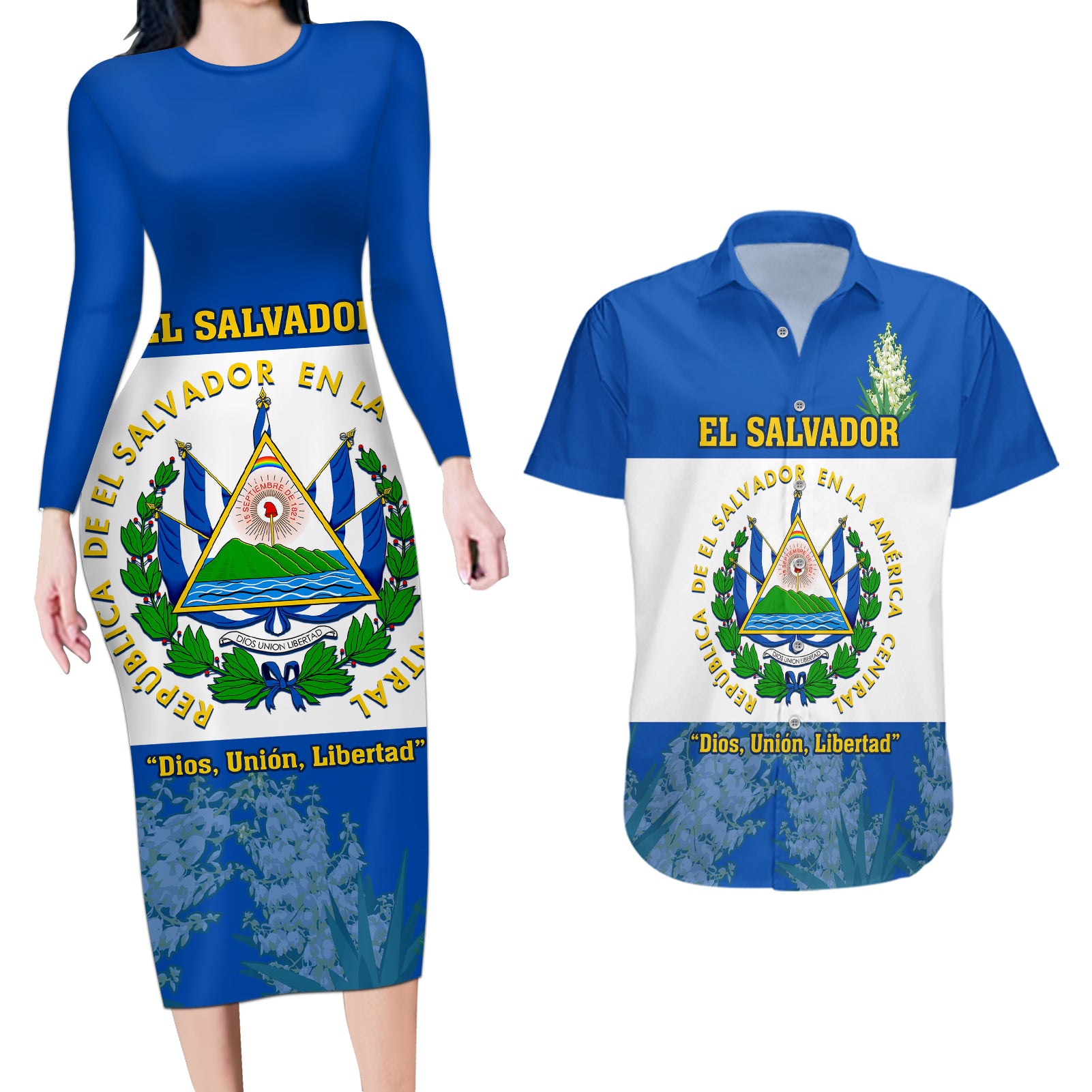 El Salvador Couples Matching Long Sleeve Bodycon Dress and Hawaiian Shirt Coat Of Arms Mix Flor De Izote - Wonder Print Shop