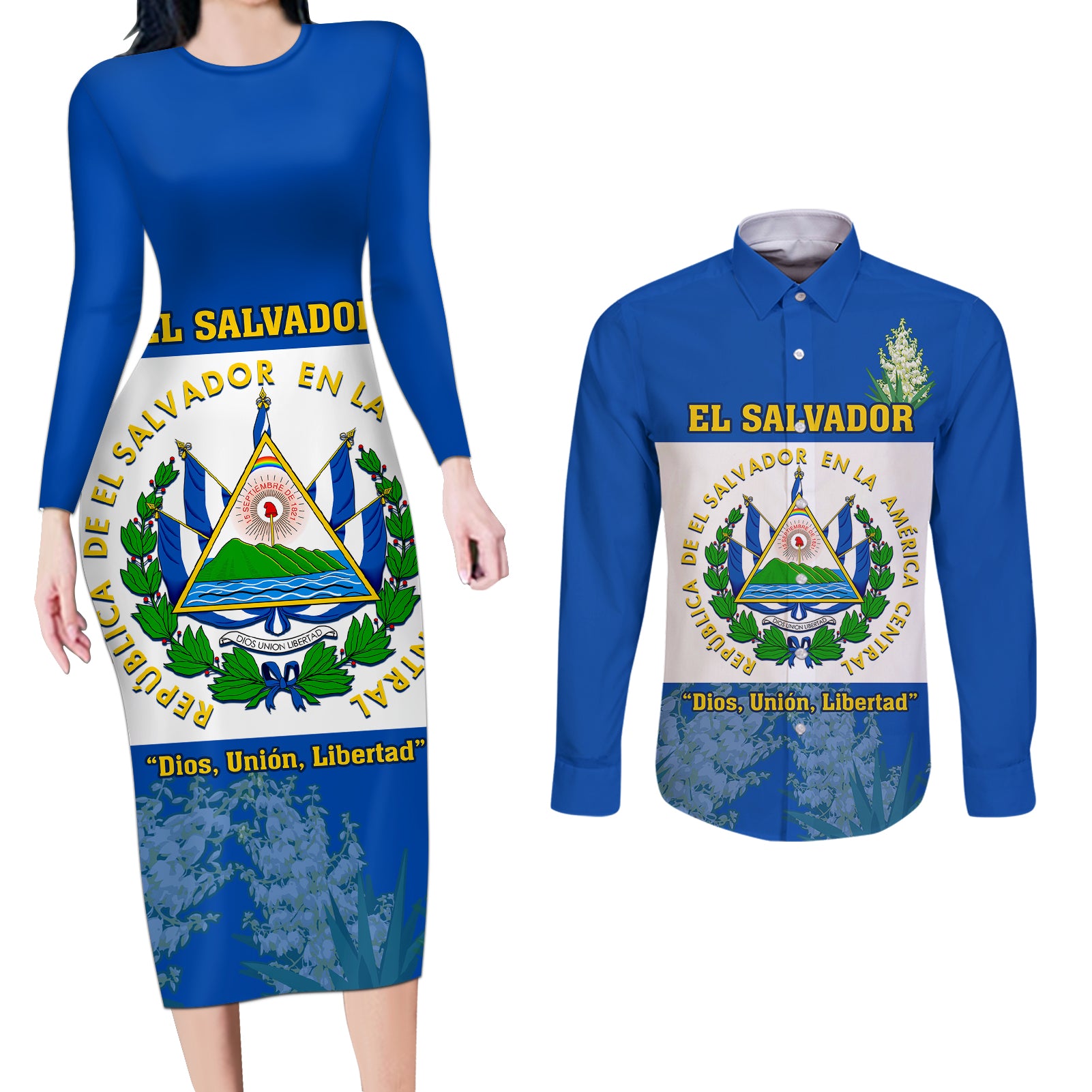 El Salvador Couples Matching Long Sleeve Bodycon Dress and Long Sleeve Button Shirts Coat Of Arms Mix Flor De Izote - Wonder Print Shop