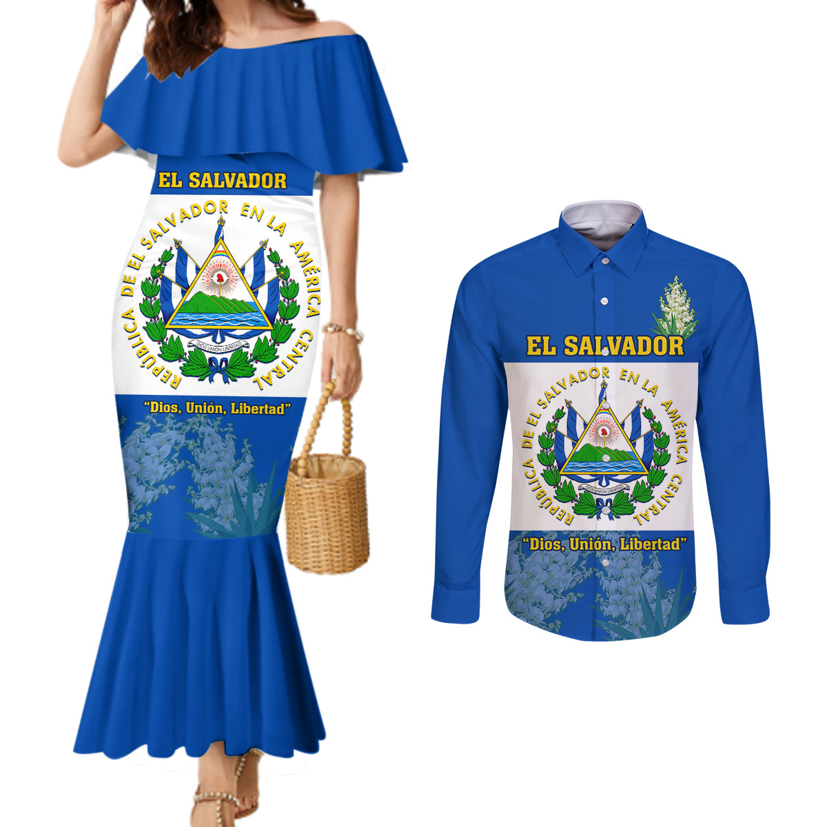 el-salvador-couples-matching-mermaid-dress-and-long-sleeve-button-shirts-coat-of-arms-mix-flor-de-izote